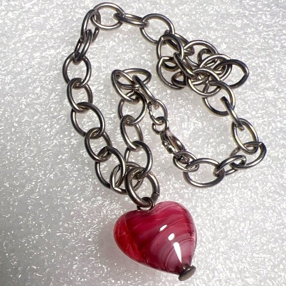 Silver Link Charm Bracelet Red Art Glass Heart Charm 7" Clasp Closure Handmade - Picture 9 of 9